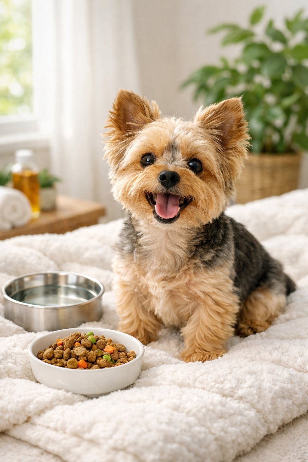 A small dog sitting on a soft bed indoors with natural light and plants nearby, looking happy and healthy.