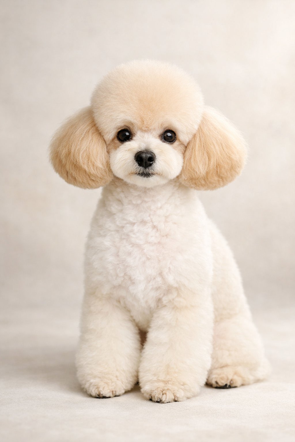 A toy poodle with a neat and stylish haircut sitting calmly against a plain background.