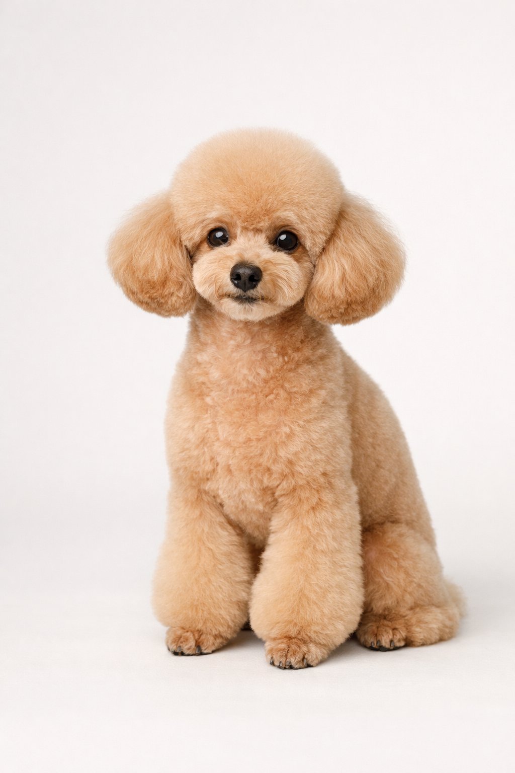A toy poodle sitting calmly on a plain background, showing its neatly trimmed fur.