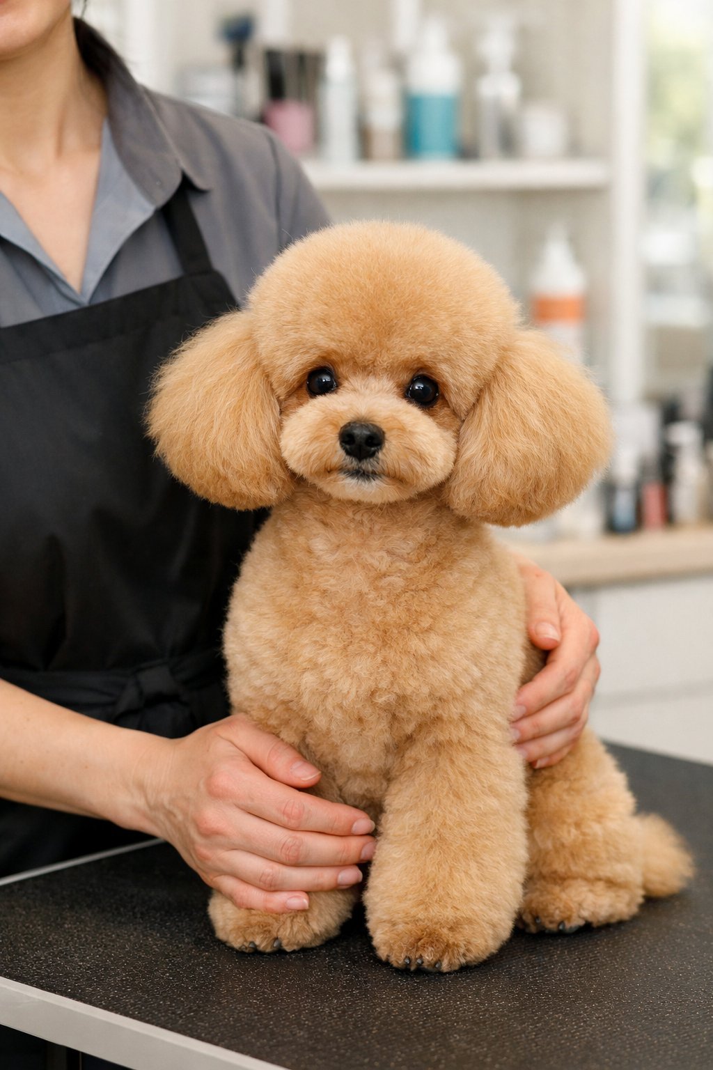 A toy poodle with a stylish haircut sitting on a grooming table, held by a groomer in a pet salon.