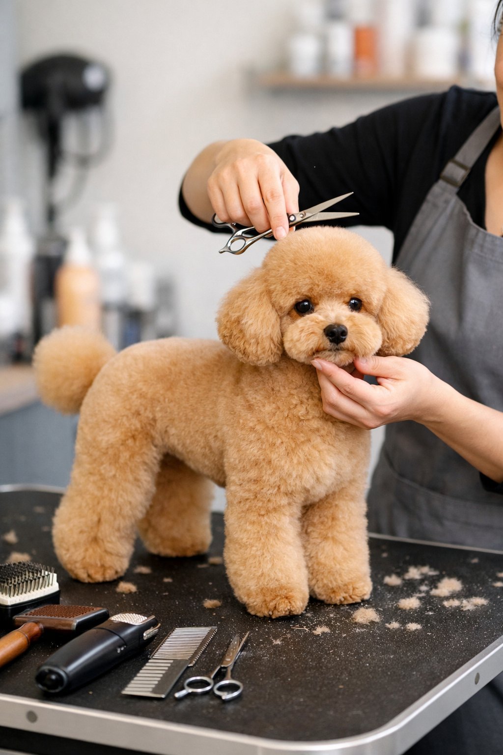 A groomer trimming the fur of a toy poodle on a grooming table with grooming tools nearby.