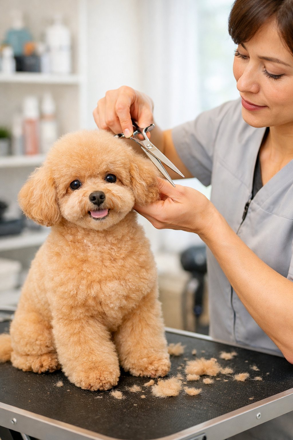 A toy poodle sitting on a grooming table while a groomer trims its fur in a bright grooming salon.