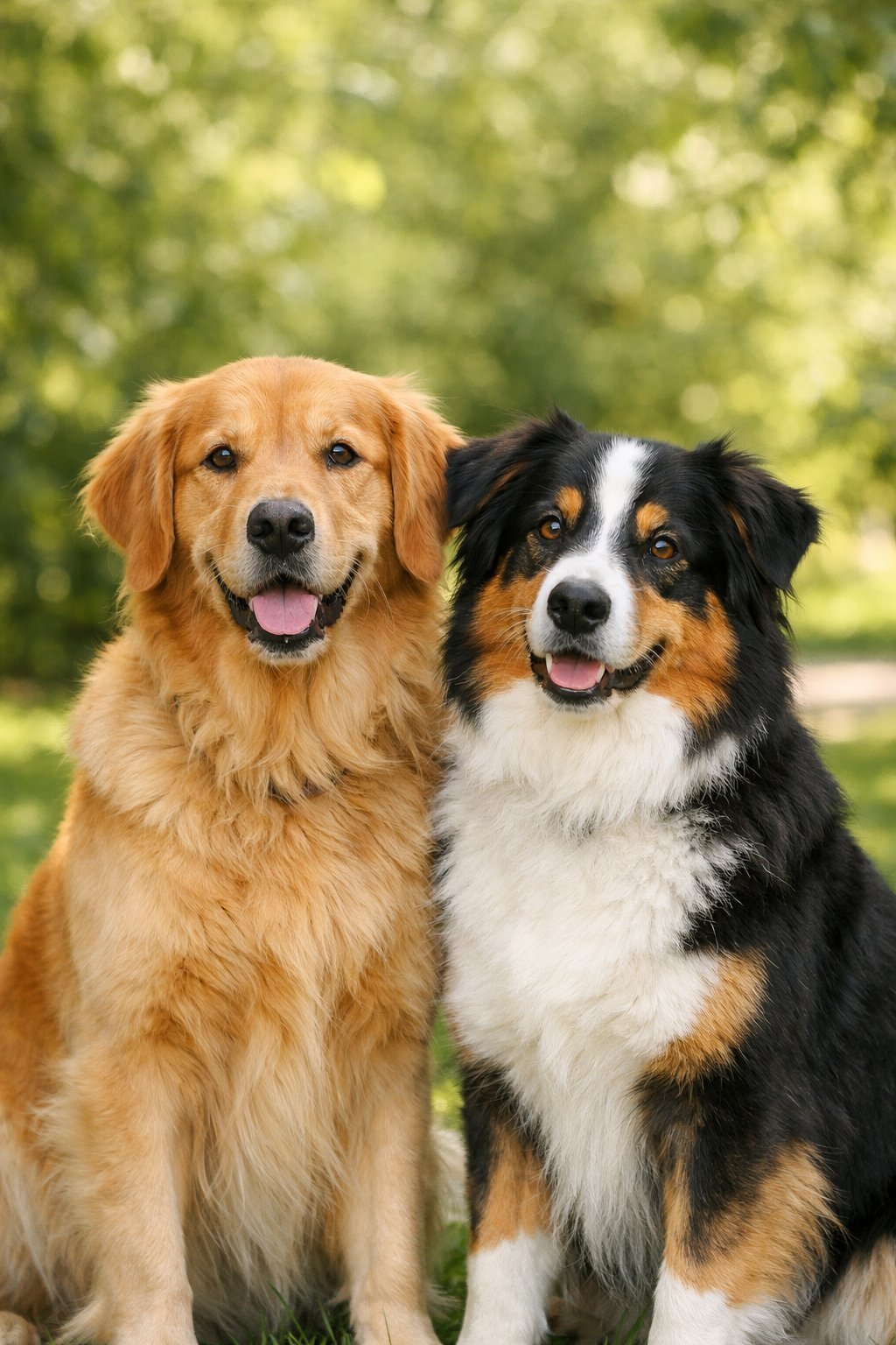 Two different breed dogs sitting calmly side by side outdoors in a green park.