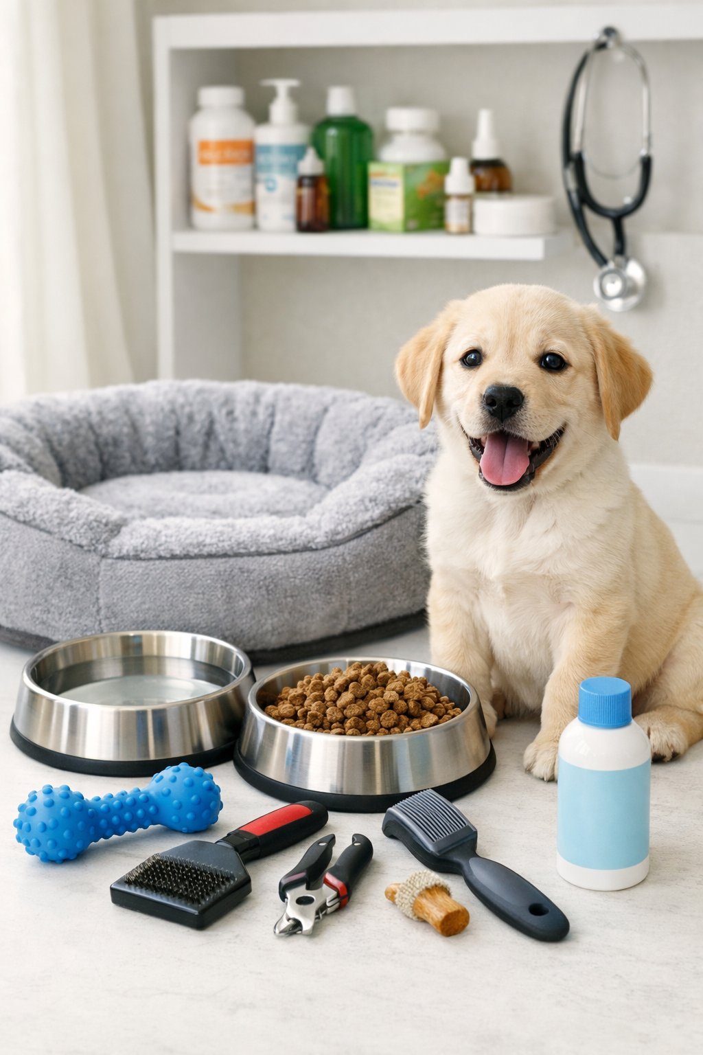 A healthy puppy sitting next to essential pet care items including food bowls, grooming tools, and veterinary products in a clean indoor space.