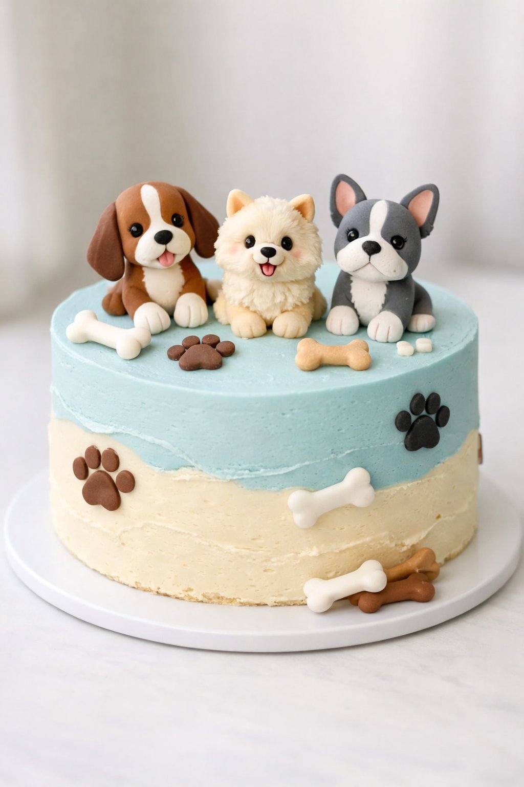 A decorated multi-layer cake with dog-shaped and paw print decorations on a white surface.
