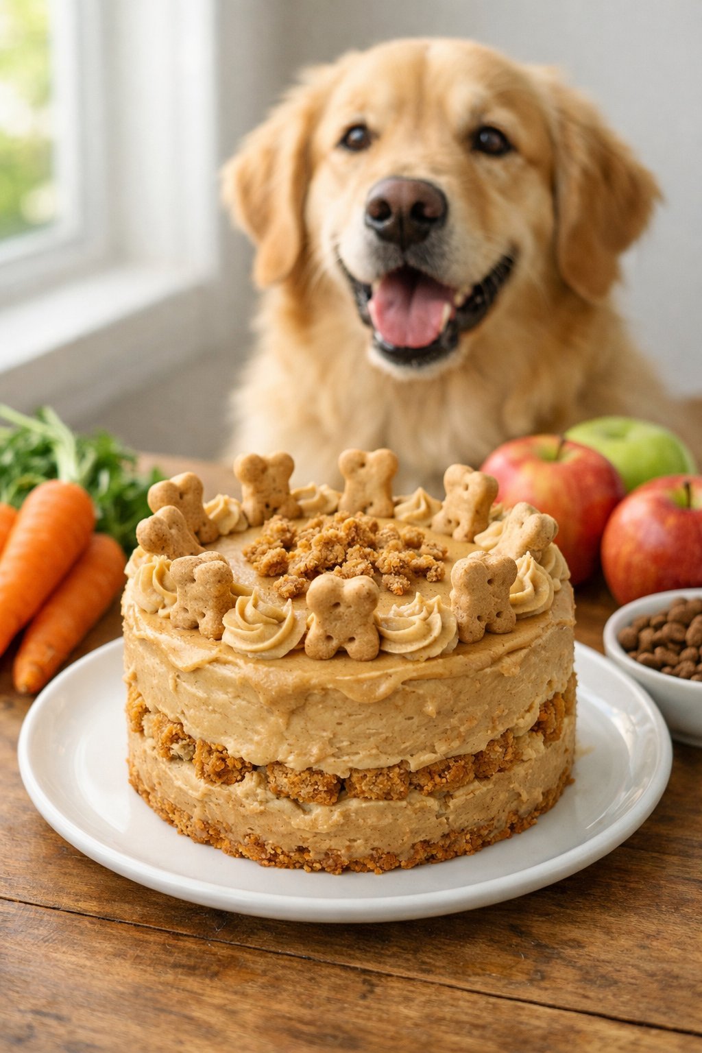 A dog cake decorated with dog biscuits on a plate with a golden retriever looking at it on a wooden table.