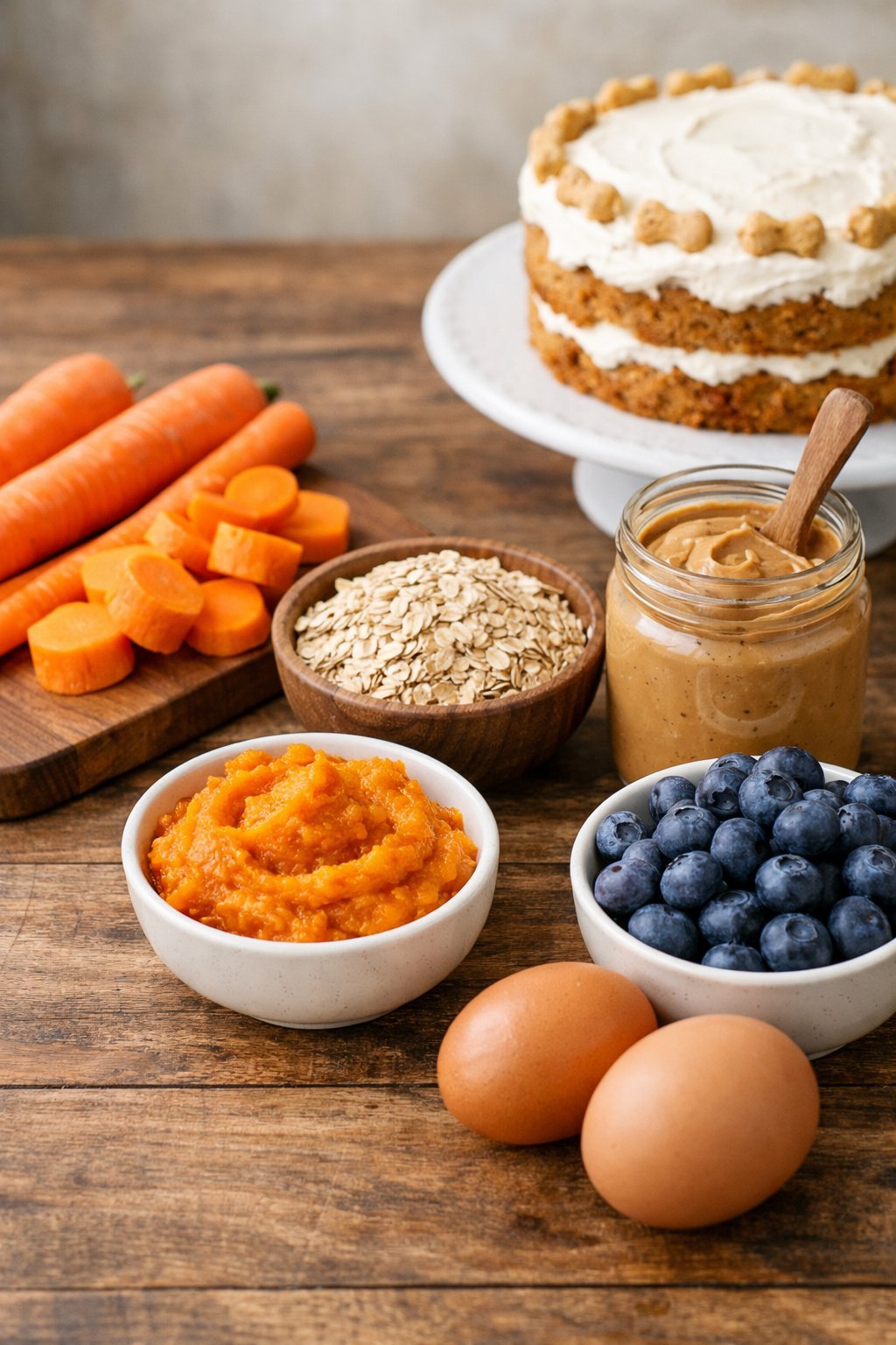 A variety of fresh dog-safe ingredients including carrots, blueberries, pumpkin puree, oats, peanut butter, and eggs arranged on a wooden table next to a partially decorated dog cake.