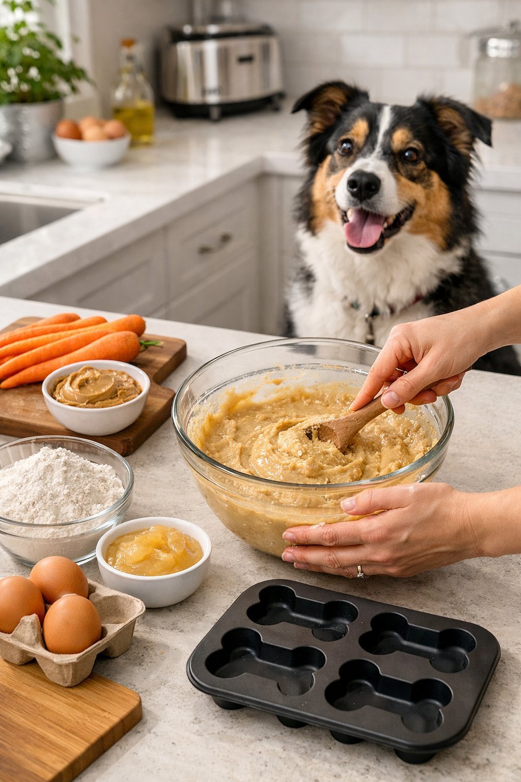 A kitchen countertop with ingredients and hands mixing batter while a dog watches nearby.