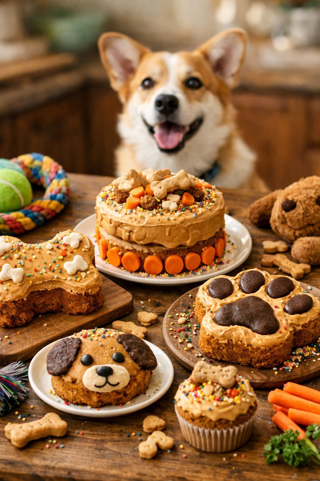 A variety of decorated dog cakes displayed on a wooden table with a happy dog looking at them in the background.