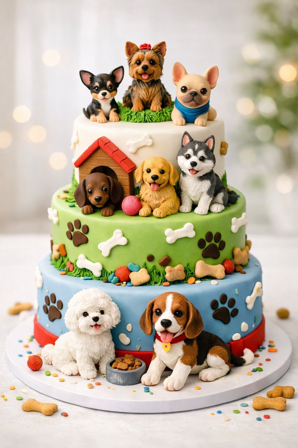 A multi-tiered cake decorated with realistic dog figurines and dog-themed decorations on a white surface.
