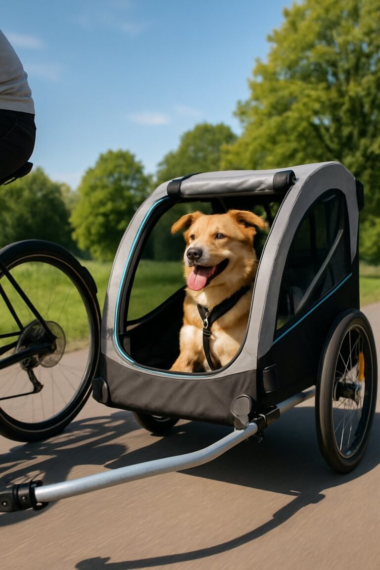 A dog sitting inside a bike trailer attached to a bicycle on a sunny path in a park.