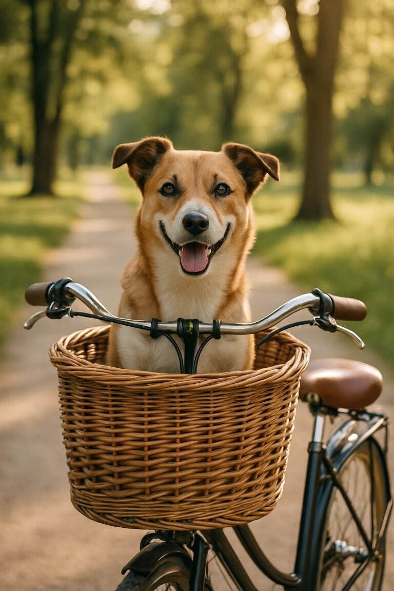 A dog sitting in a basket on the front of a bicycle in a park.