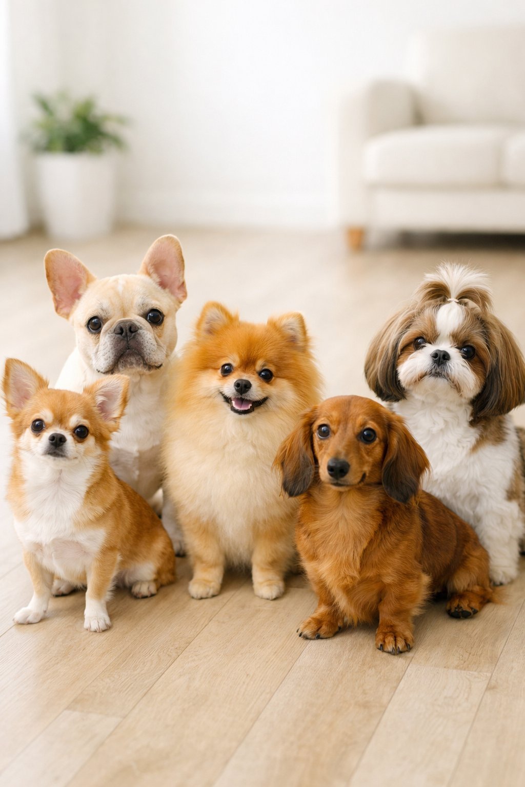 Several small dogs of different breeds sitting and standing together indoors on a wooden floor.
