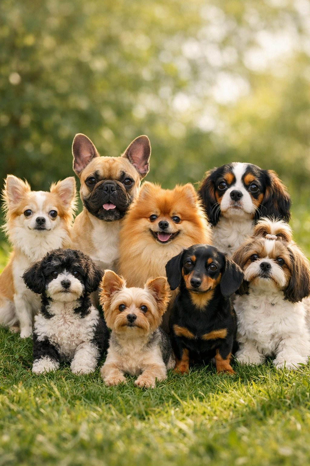 A group of various small dog breeds sitting and standing together outdoors on green grass.