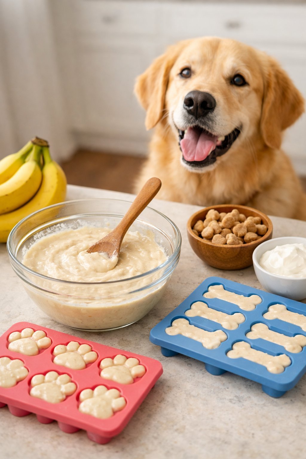 A dog watches as homemade dog ice cream is prepared with fresh ingredients and silicone molds on a kitchen counter.