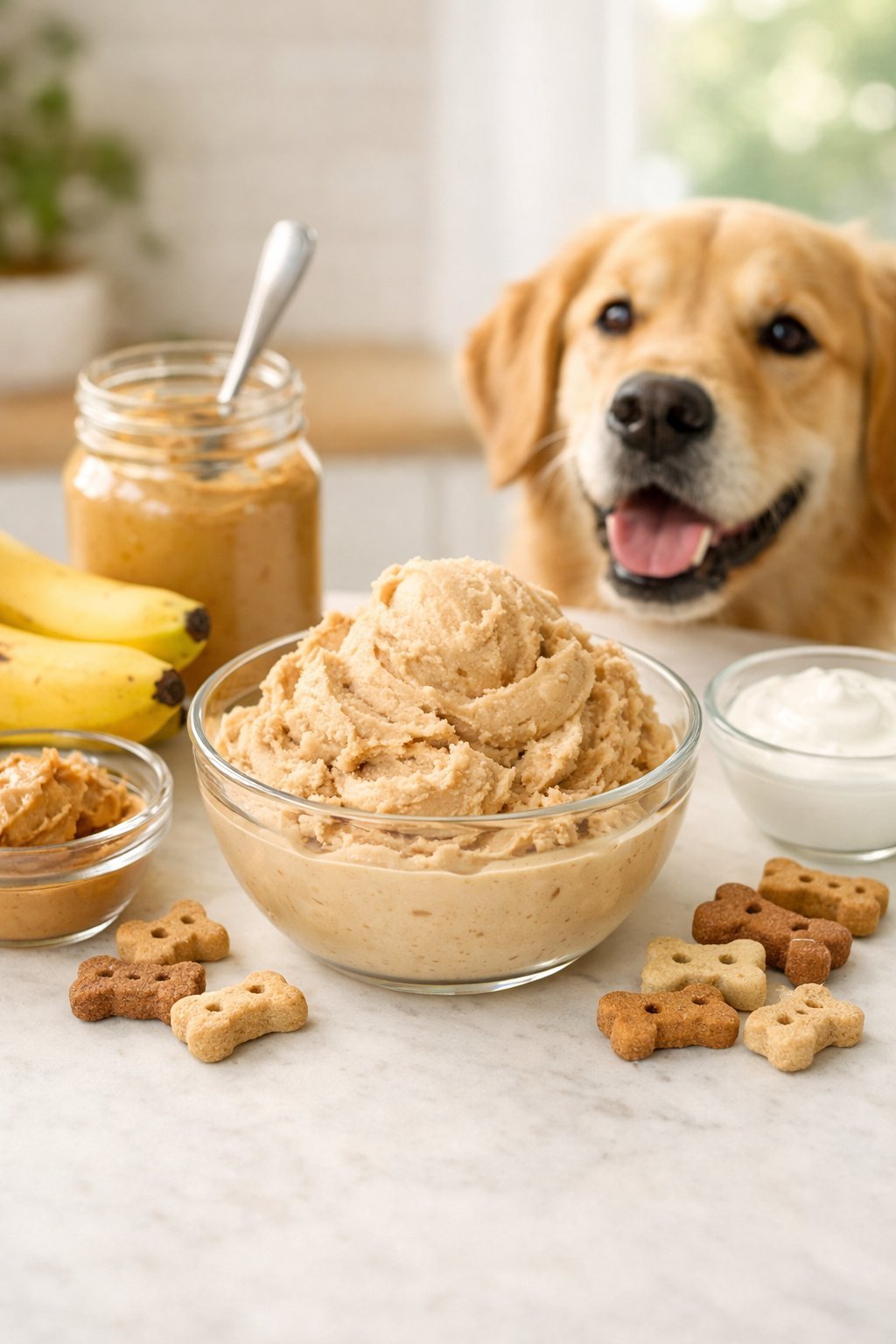 A happy dog looking at a bowl of homemade dog ice cream on a kitchen countertop with fresh ingredients around it.