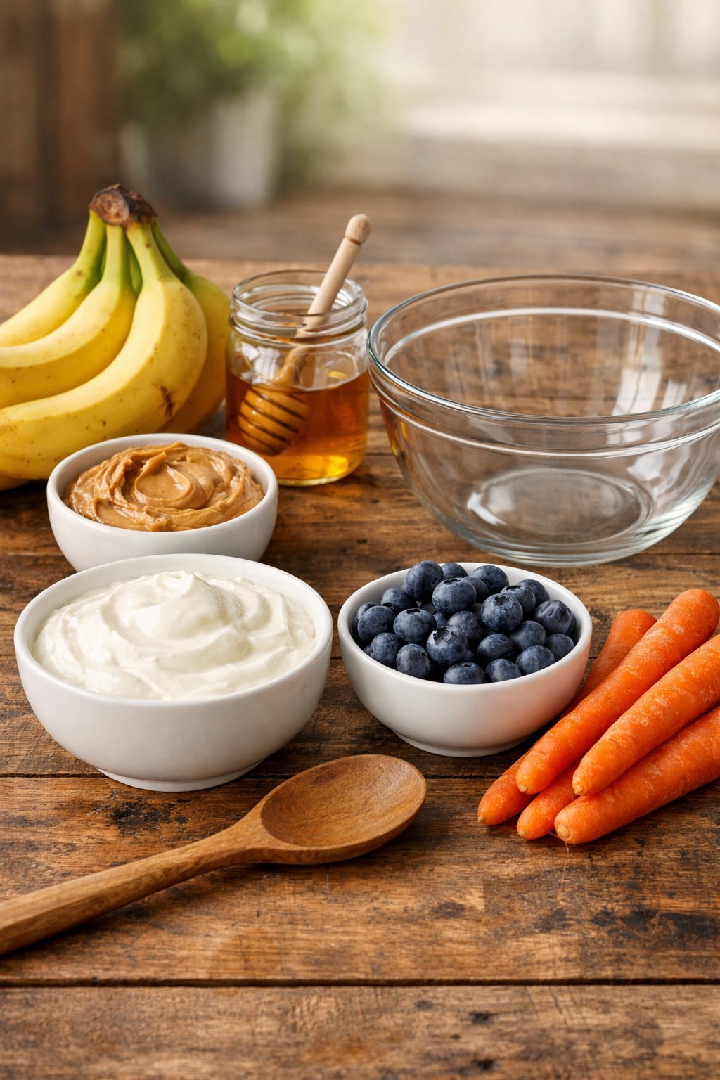 Fresh dog-safe ingredients including bananas, yogurt, peanut butter, honey, blueberries, and carrots arranged on a wooden table with a mixing bowl and spoon.