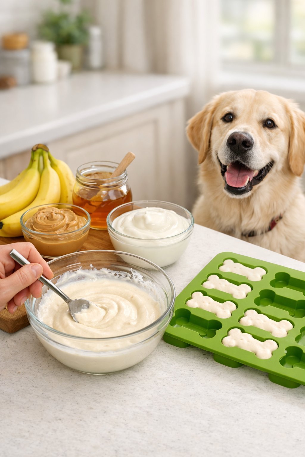 A dog sitting next to a kitchen counter with ingredients and a bowl for making dog ice cream.