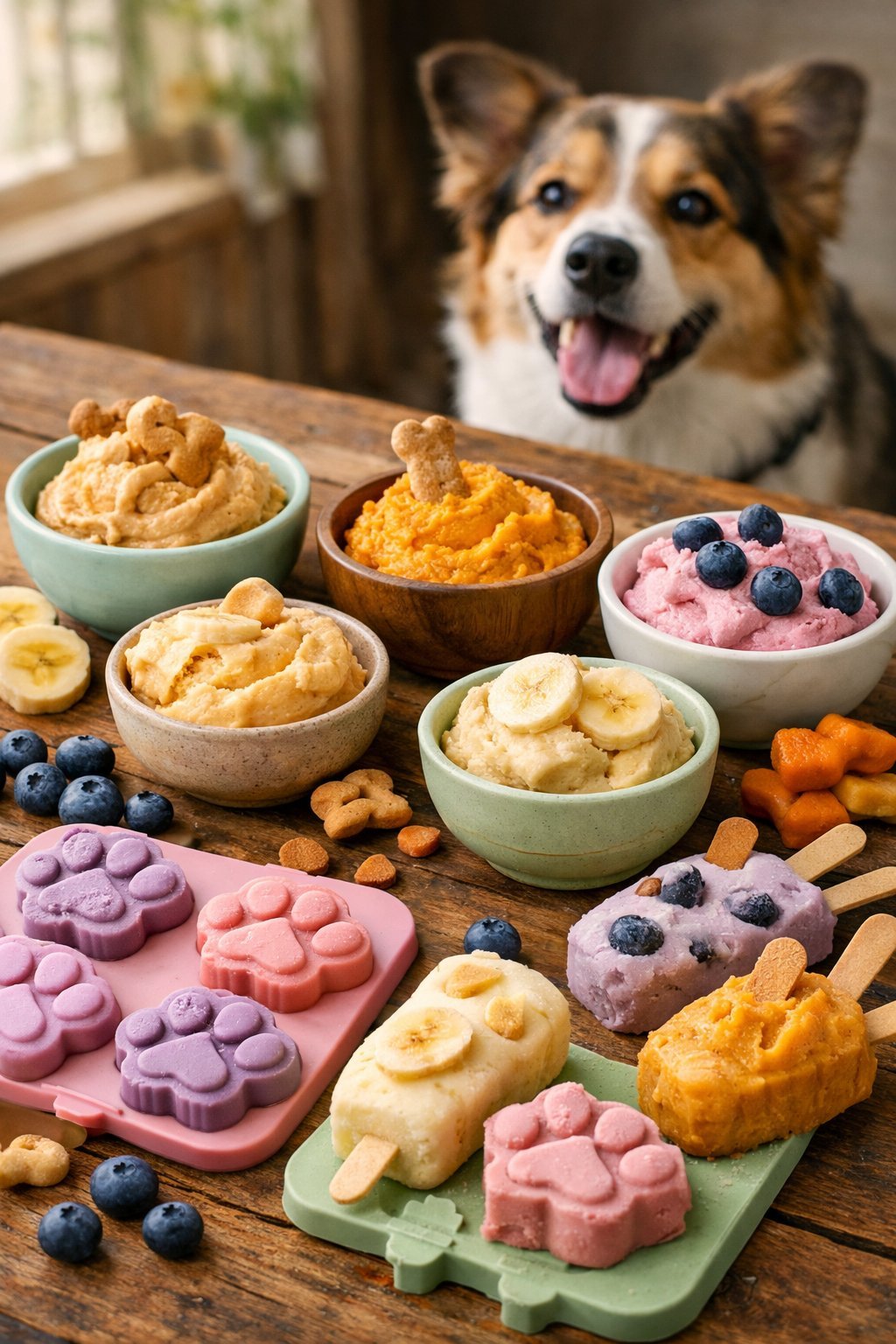 An assortment of colorful homemade dog ice cream treats on a wooden table with a happy dog watching nearby.