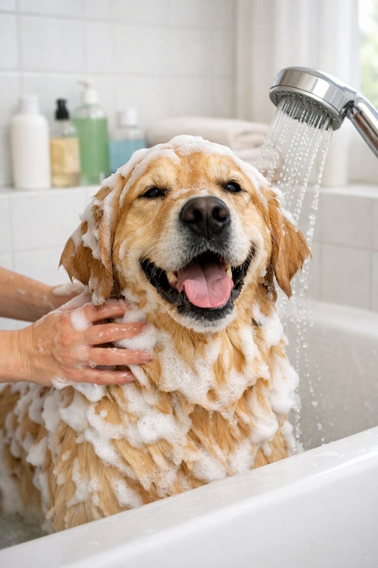 A golden retriever dog being bathed with shampoo in a white bathtub with a person’s hand massaging the shampoo into its fur.