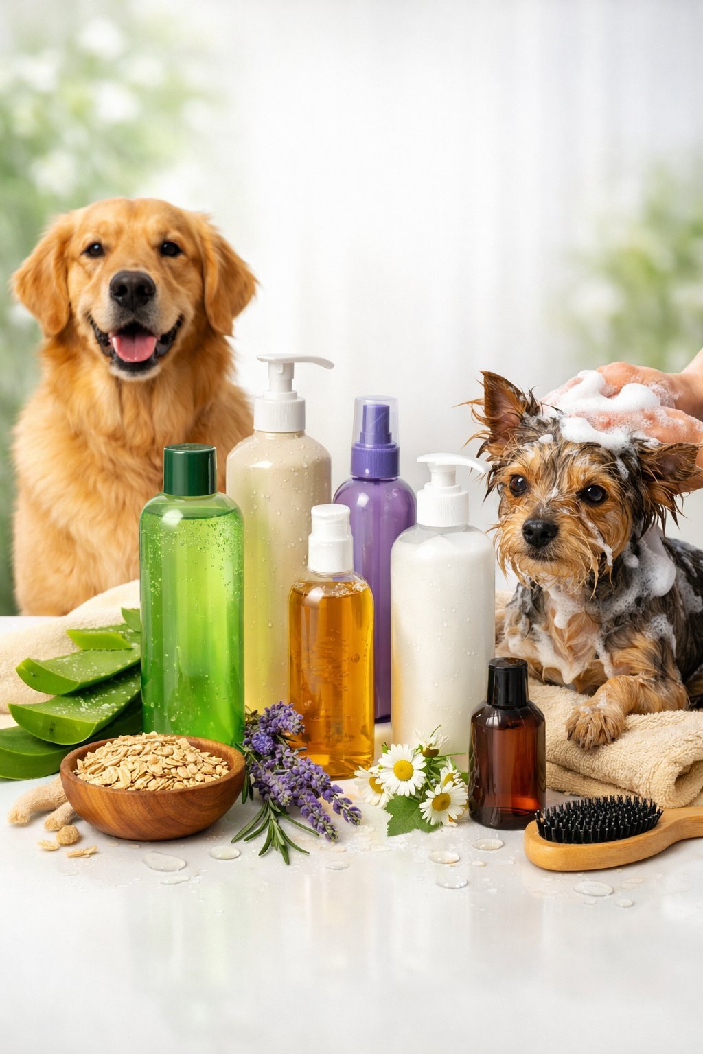Several bottles of dog shampoo displayed with a golden retriever and a terrier being bathed, surrounded by natural ingredients and water droplets.
