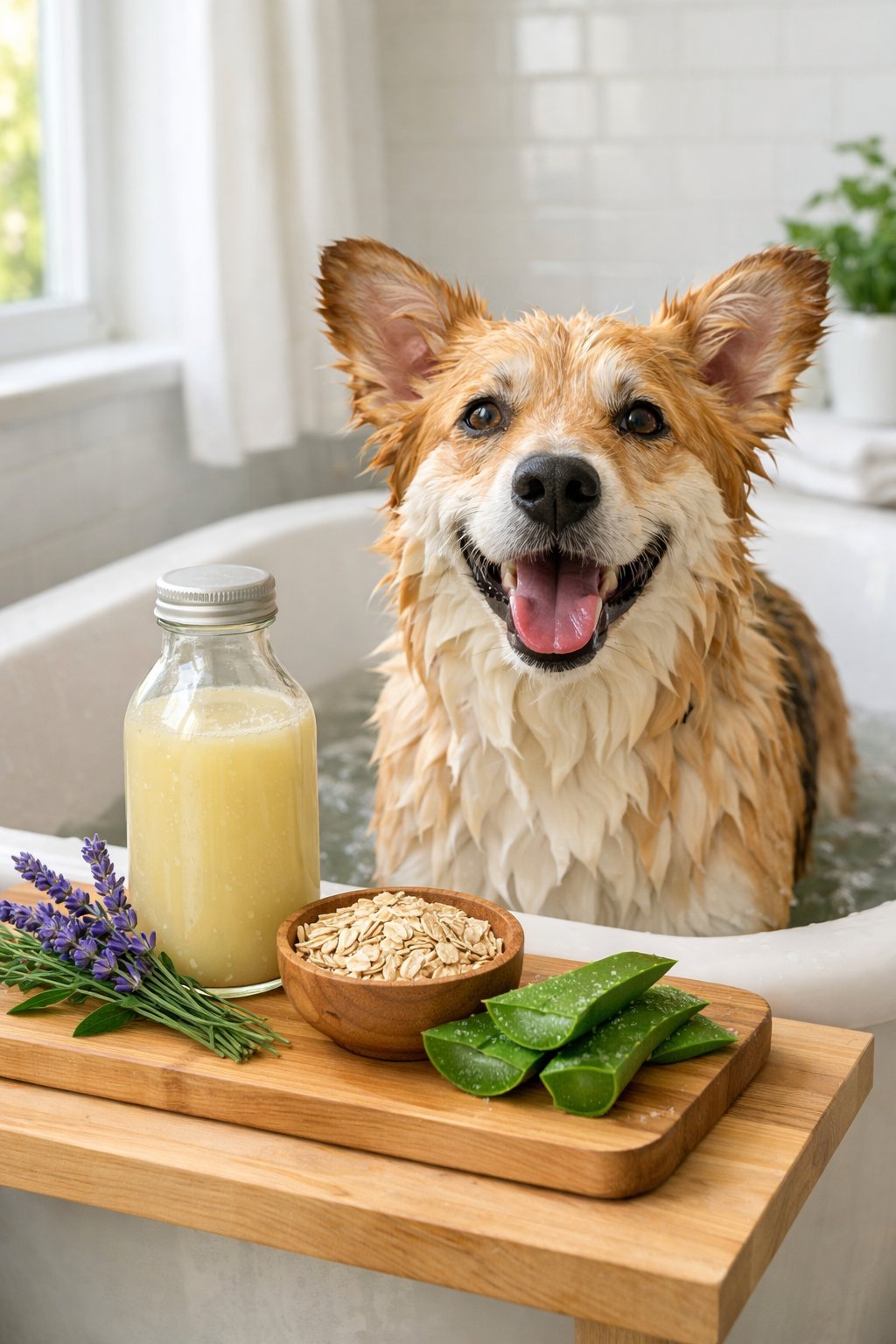 A wet dog standing in a bathtub with a bottle of homemade dog shampoo and natural ingredients on a tray nearby.