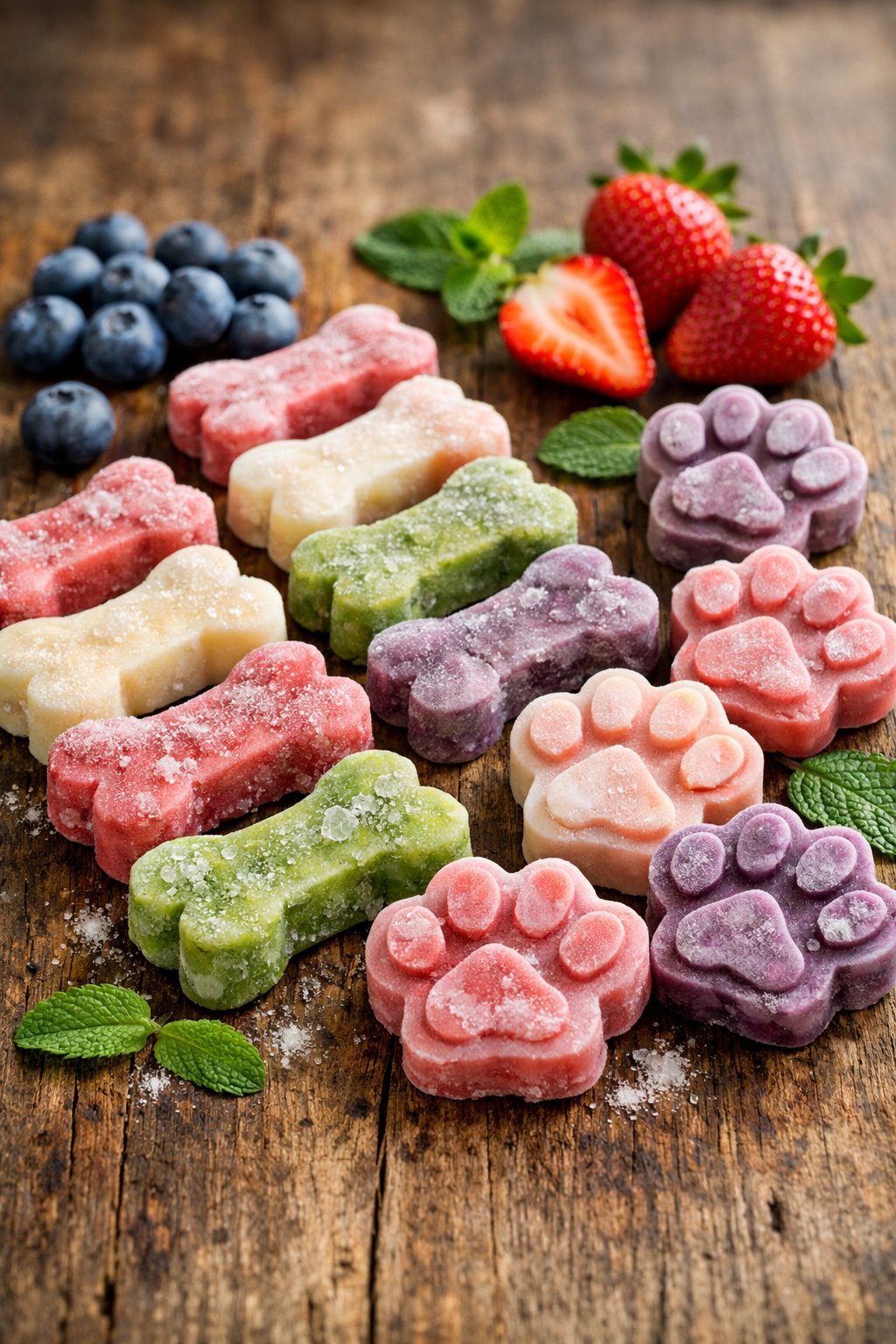 A selection of frozen dog treats shaped like bones and paws arranged on a wooden surface with fresh berries and mint leaves around them.