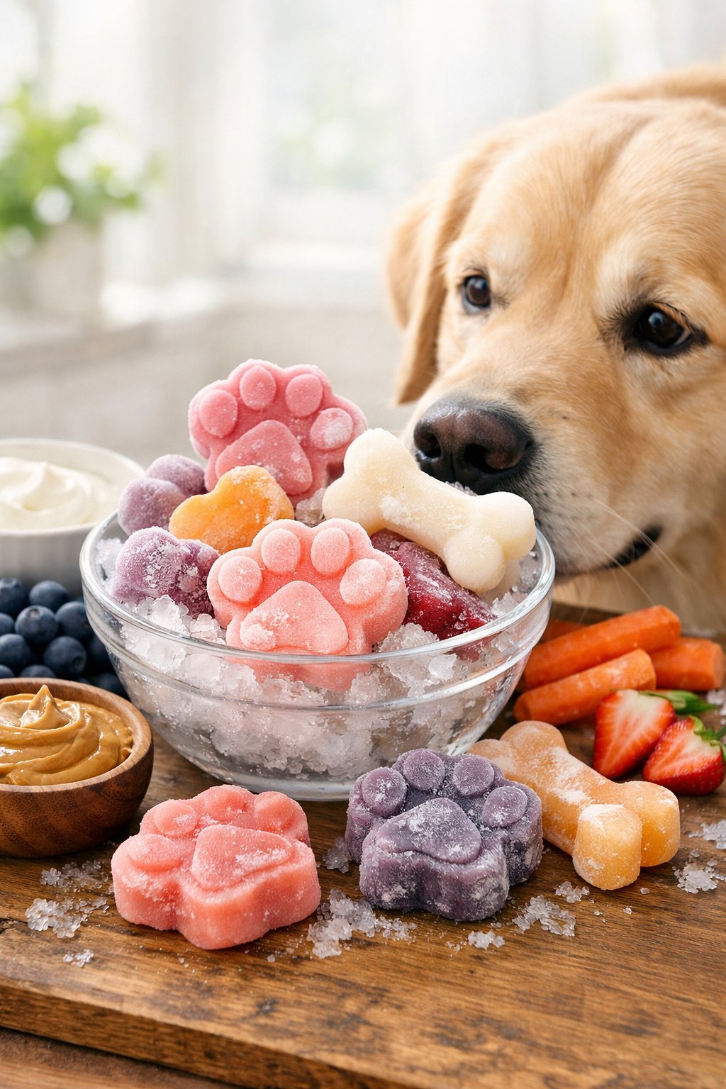 A happy dog looking at a variety of colorful frozen dog treats arranged on a wooden surface with fresh ingredients nearby.
