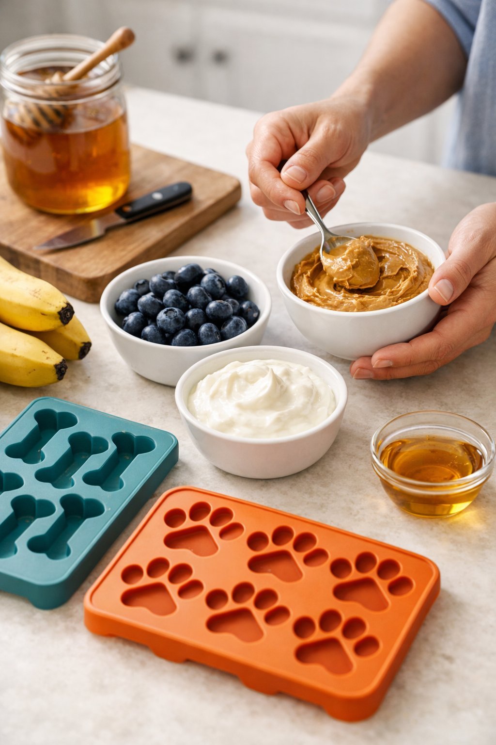 Hands selecting fresh ingredients like bananas, peanut butter, and blueberries on a kitchen counter to make frozen dog treats.