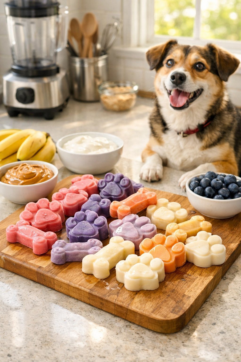 A kitchen countertop with homemade frozen dog treats and fresh ingredients, with a dog watching nearby.