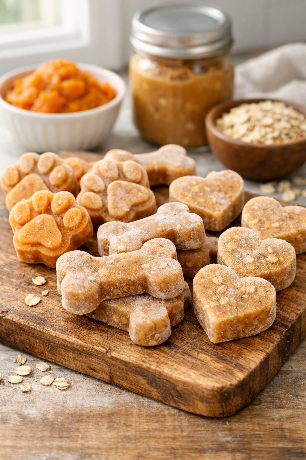 Frozen homemade dog treats shaped like bones and paws on a wooden board with ingredients in the background.