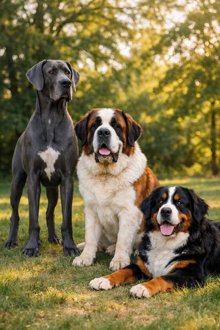 A group of large dogs including a Great Dane, Saint Bernard, and Bernese Mountain Dog in a green park.
