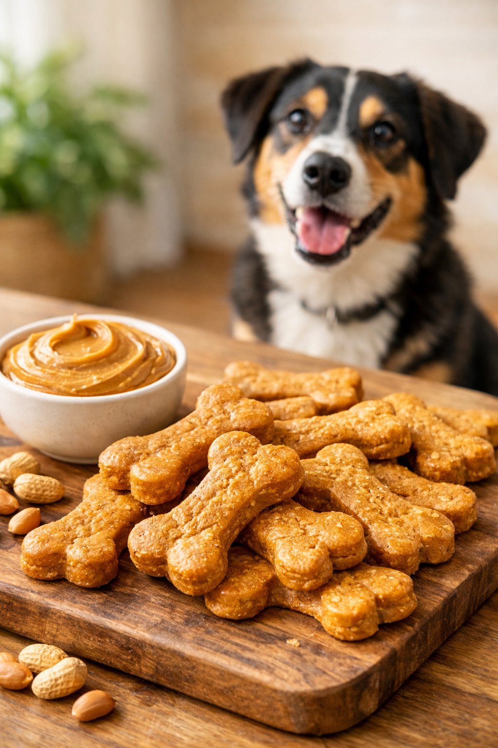 A happy dog looking at peanut butter dog treats arranged on a wooden surface with a bowl of peanut butter nearby.