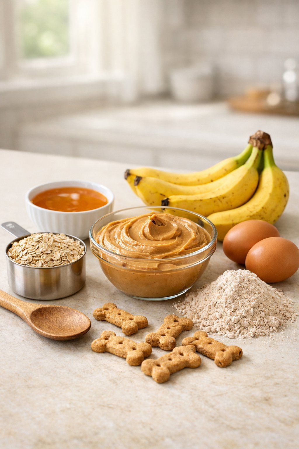 Kitchen countertop with bowls of peanut butter, oats, honey, bananas, eggs, and flour arranged for making dog treats.