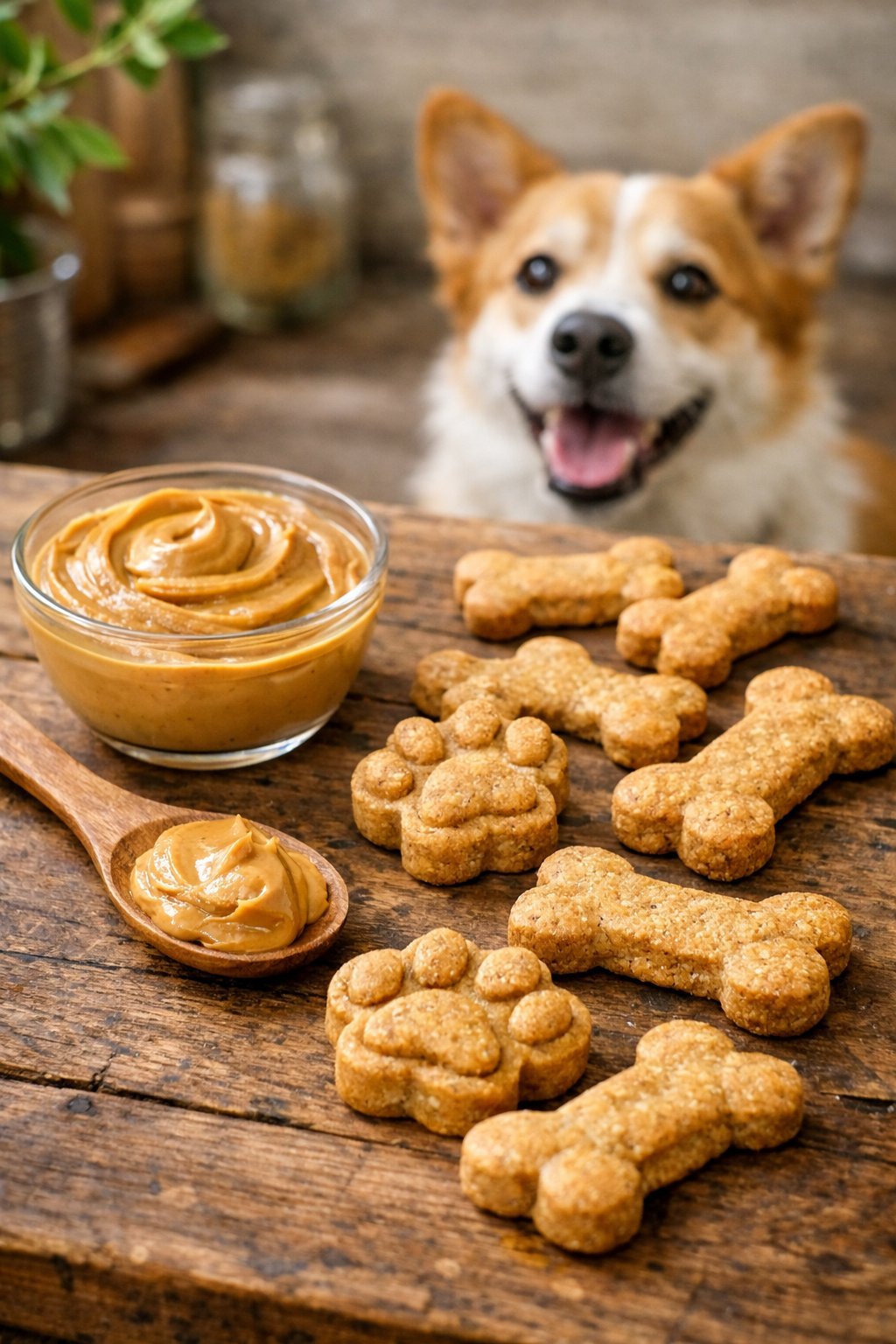A bowl of peanut butter with homemade dog treats shaped like bones and paws on a wooden surface, and a dog looking at the treats.