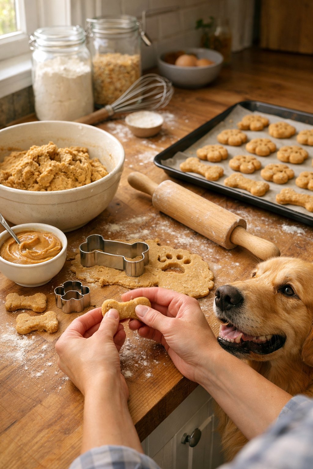 A person shaping peanut butter dog treat dough on a wooden countertop with a golden retriever watching nearby in a kitchen.