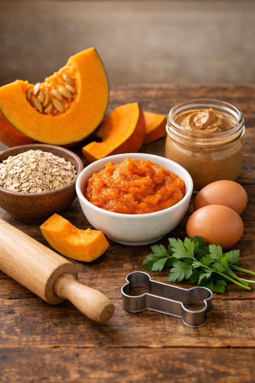 A wooden table with fresh pumpkin slices, pumpkin puree, oats, peanut butter, eggs, and baking tools arranged for making pumpkin dog treats.