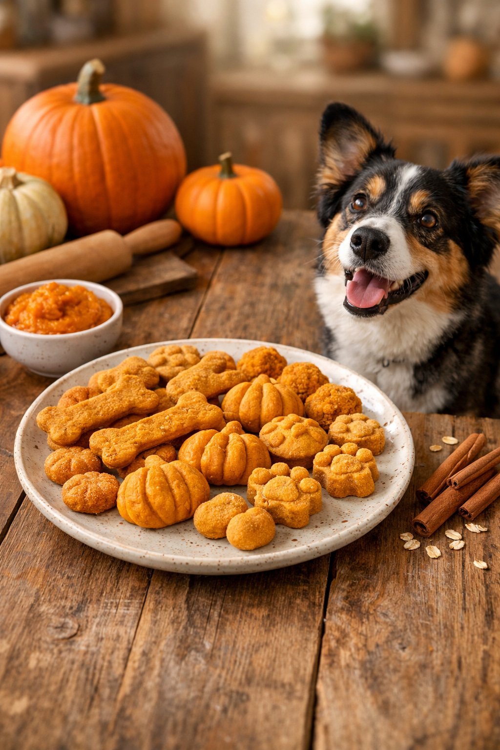 A dog sitting near a plate of homemade pumpkin dog treats on a wooden table with pumpkins and baking ingredients around.