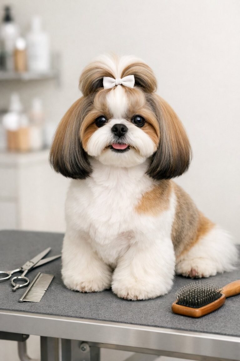 A Shih Tzu dog sitting calmly on a grooming table in a bright grooming salon.