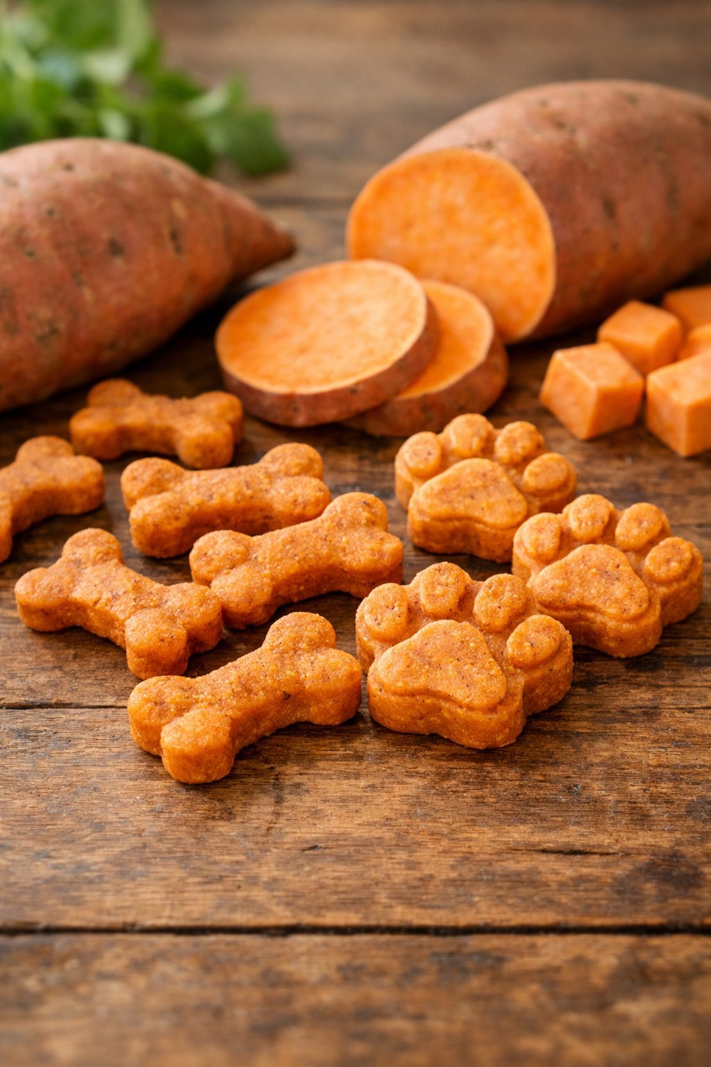 Close-up of homemade sweet potato dog treats shaped like bones and paw prints on a wooden table with whole and sliced sweet potatoes nearby.