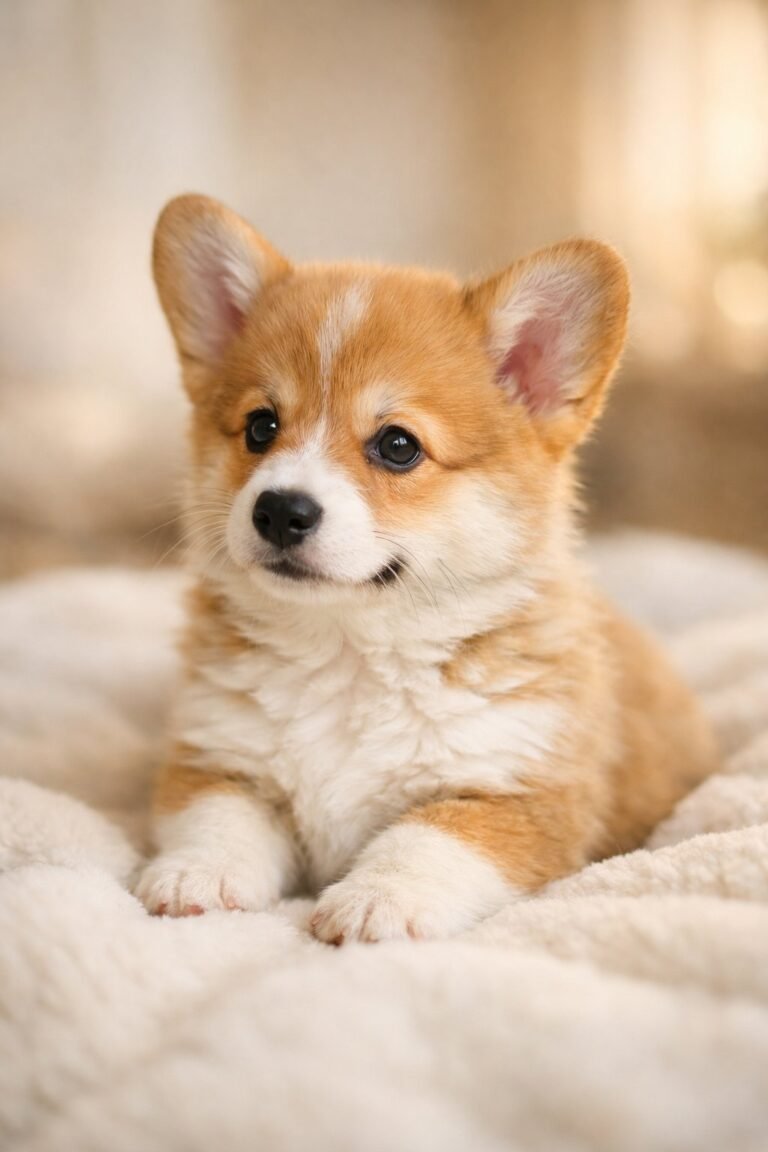 A corgi puppy sitting on a light blanket looking slightly to the side.