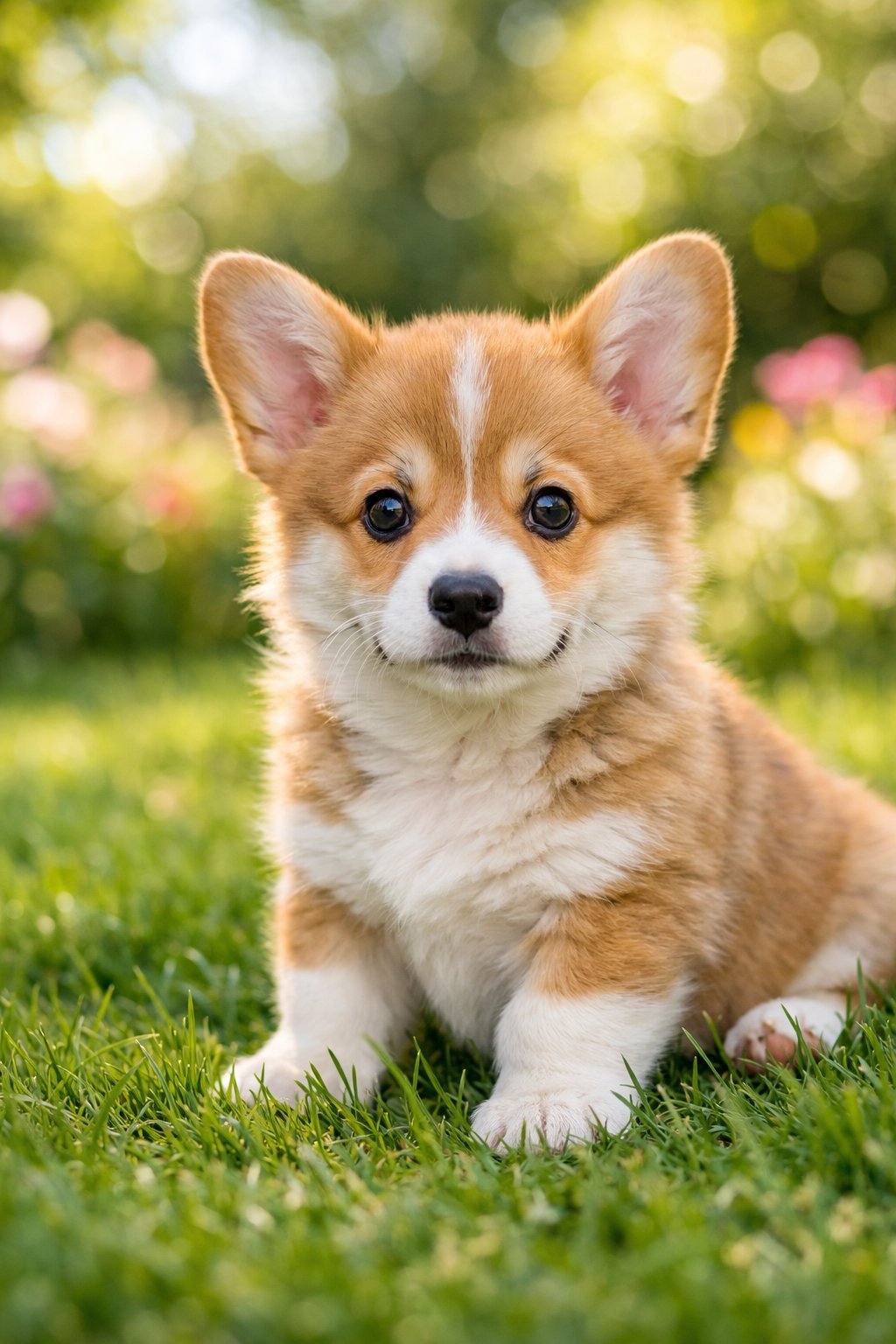 A corgi puppy sitting on grass outdoors with flowers and trees in the background.