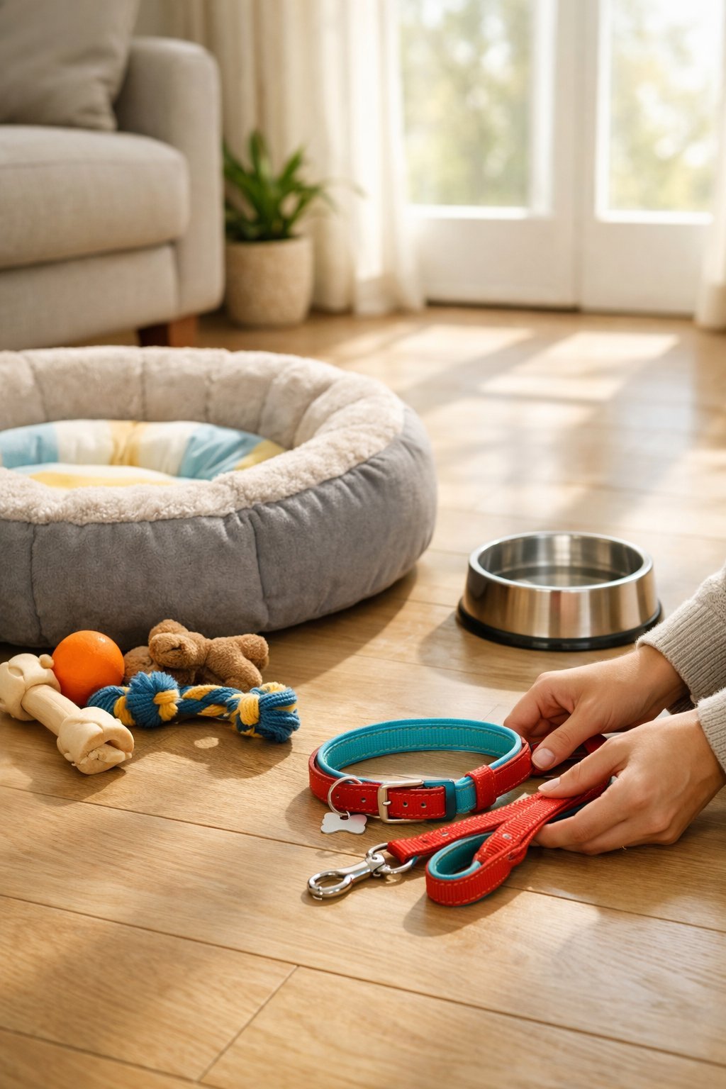 A cozy living room with puppy supplies including a dog bed, toys, water bowl, and hands arranging a corgi puppy collar and leash.