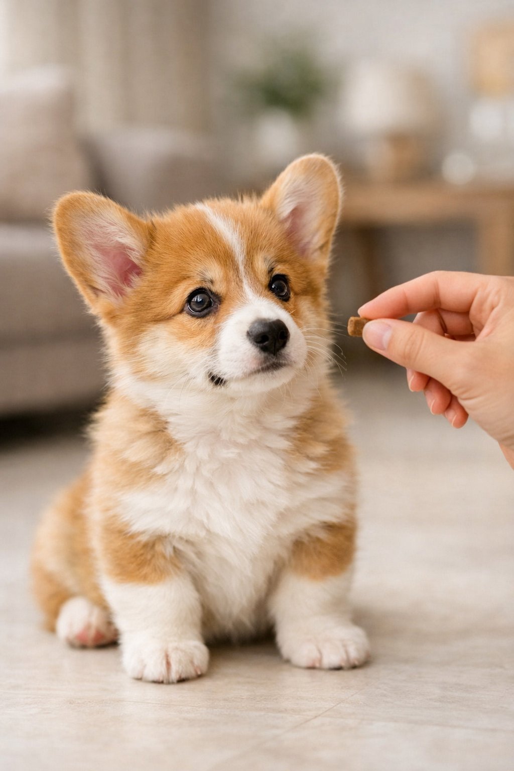 A corgi puppy sitting attentively indoors while a person holds a treat nearby.