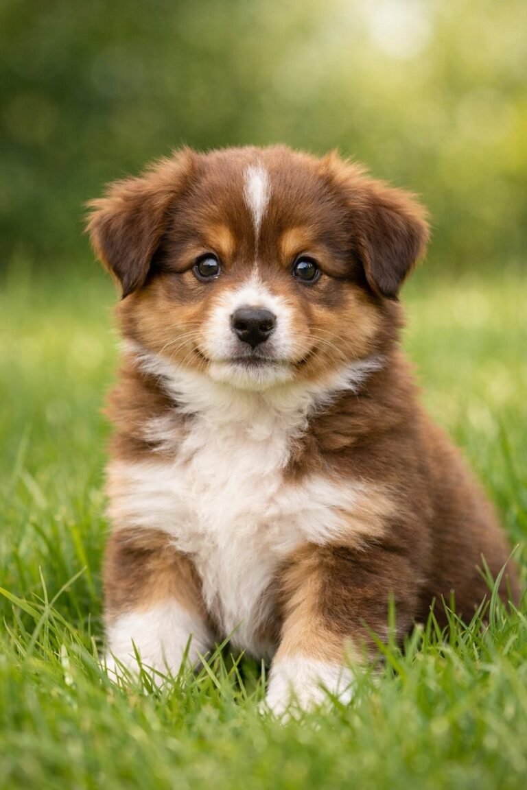 A fluffy brown and white puppy sitting on green grass looking at the camera.