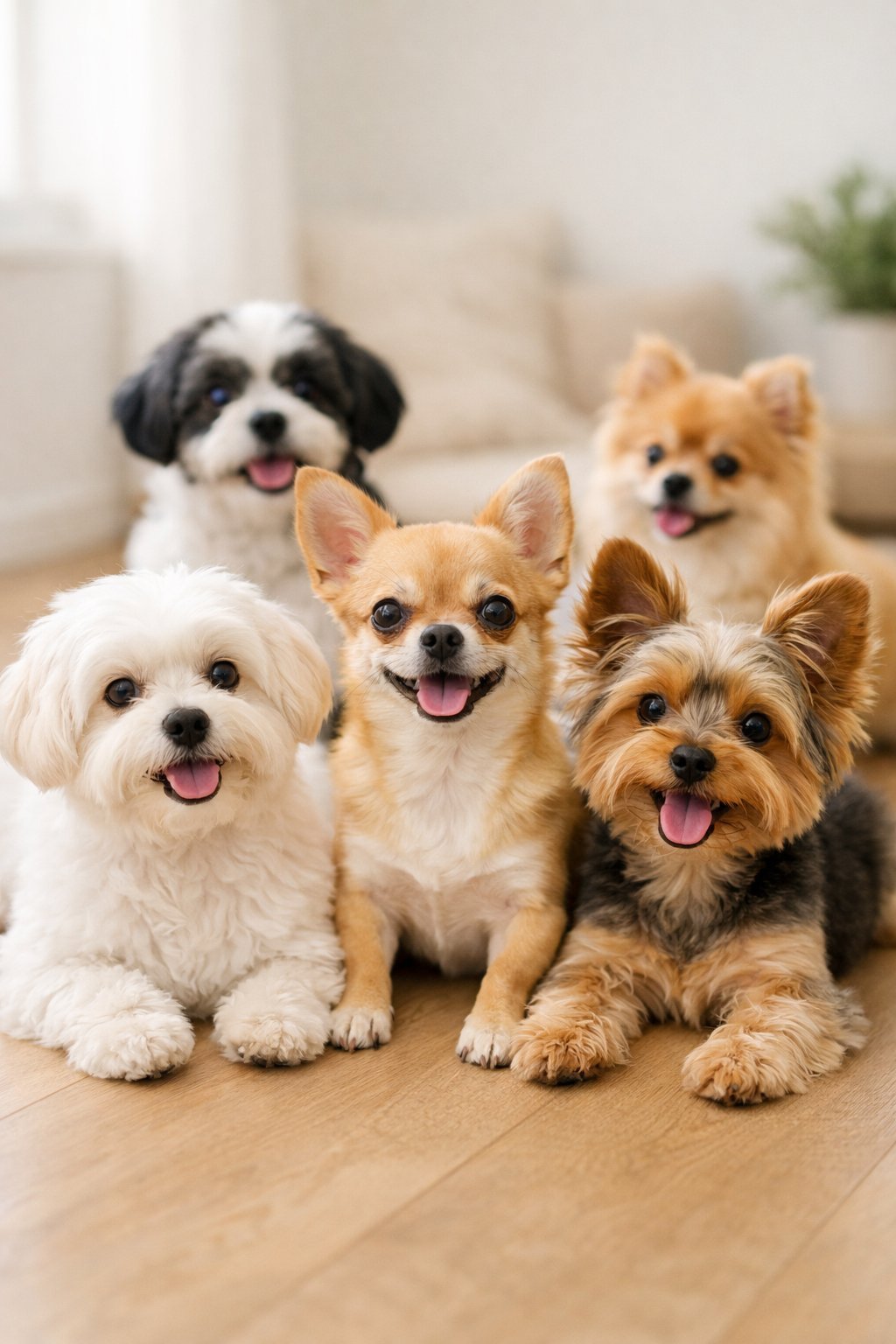Several small dogs sitting and playing together indoors on a wooden floor.