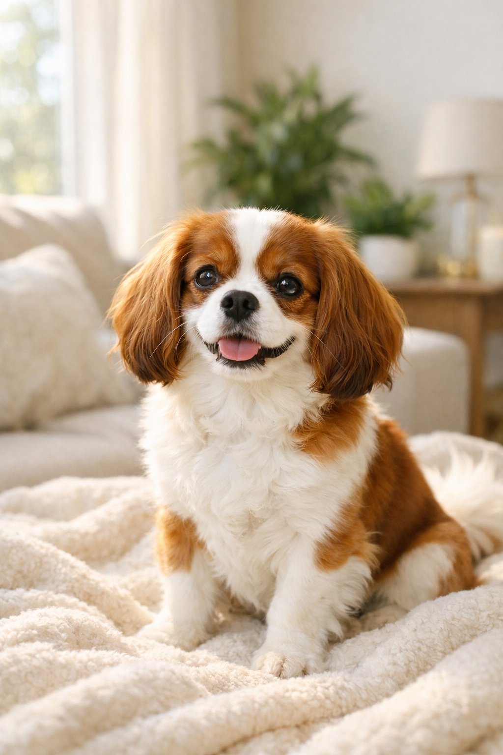 A small fluffy dog sitting on a blanket in a bright living room with plants and a sofa in the background.