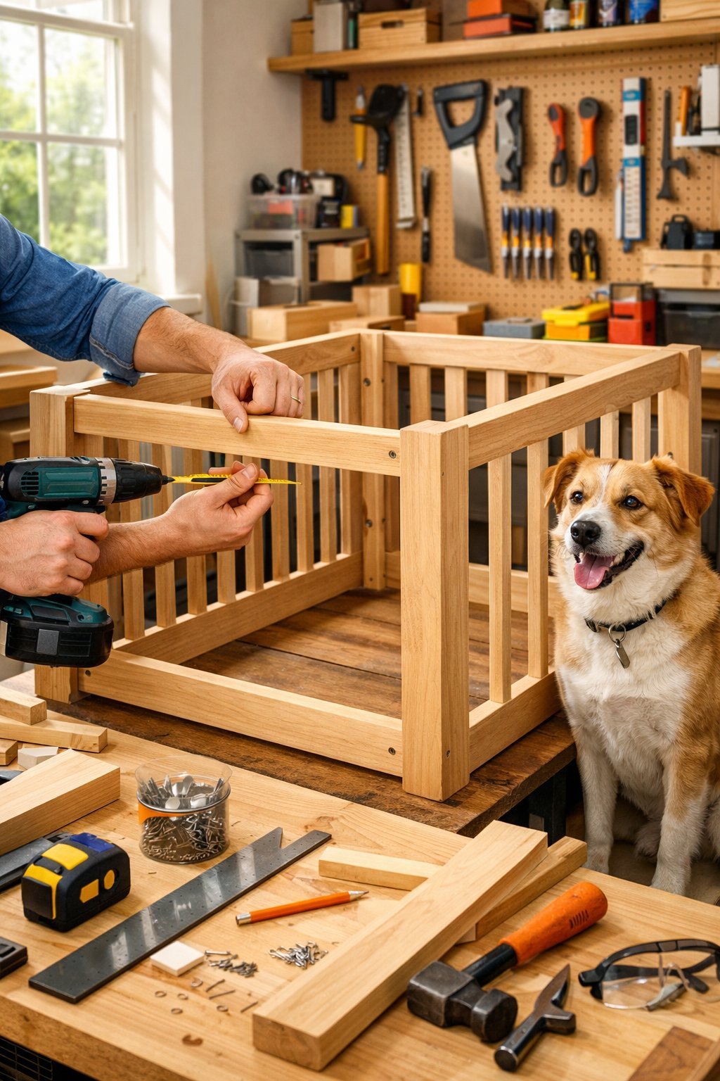 DIY Dog Crate: Simple Plans to Build a Cozy Space for Your Pup Person assembling a wooden dog crate in a bright workshop with a dog sitting nearby.