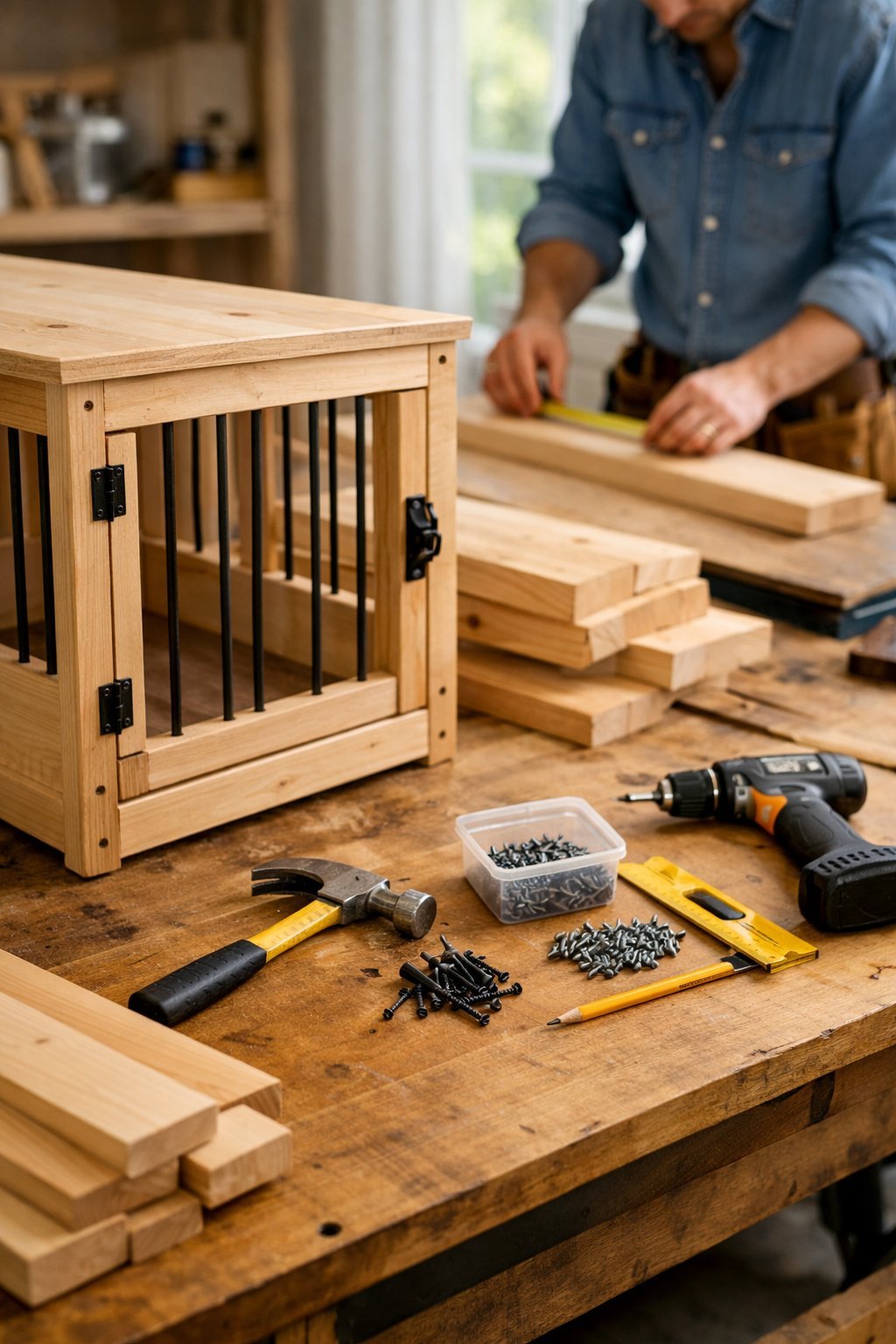 DIY Dog Crate: Simple Plans to Build a Cozy Space for Your Pup A person working on assembling a wooden dog crate in a bright, organized workshop with tools and materials on a workbench.