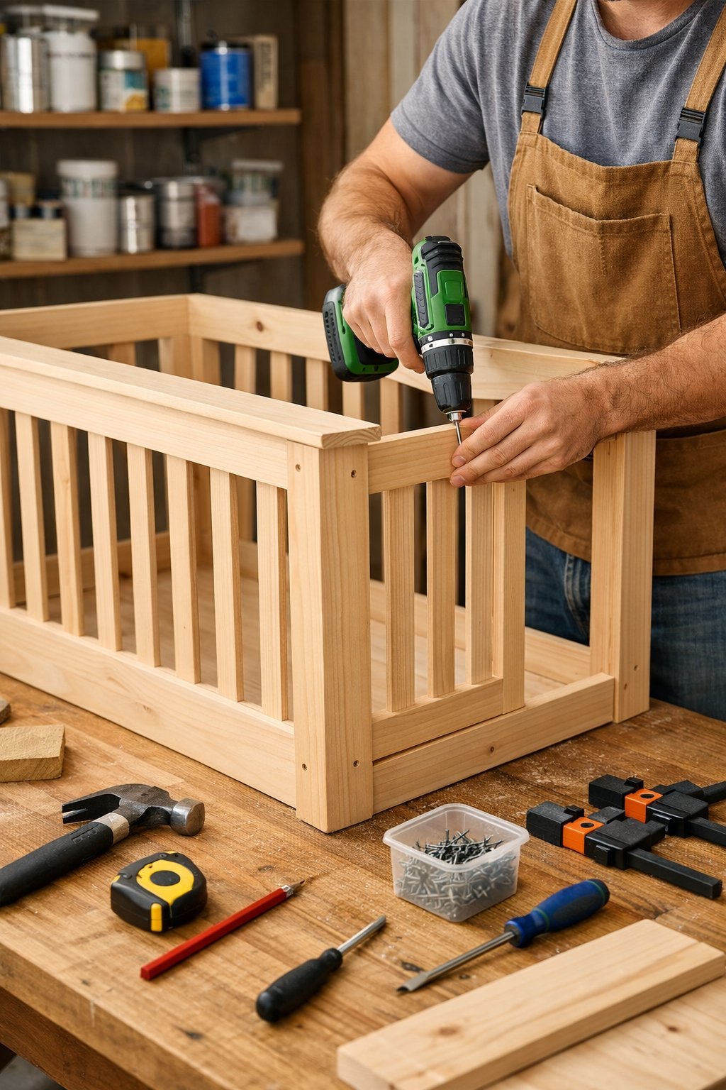 DIY Dog Crate: Simple Plans to Build a Cozy Space for Your Pup A person assembling a wooden dog crate in a workshop with tools and materials around.